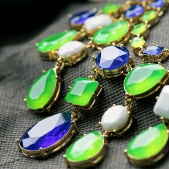 Royal Blue Crystal Rhinestone Statement Gold Collar Necklace - Picture 10 of 12